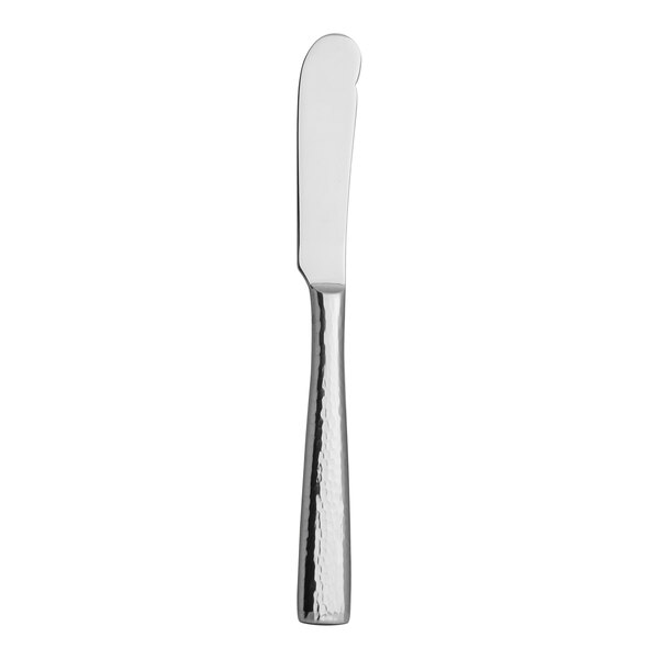 A close up of a Varick Becki stainless steel butter knife with a white handle.