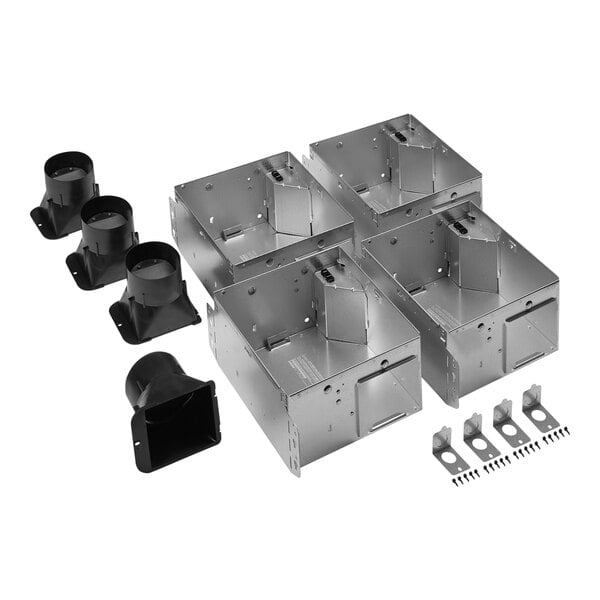 The black metal Broan Flex Series ventilation fan housing kit with screws and nuts.