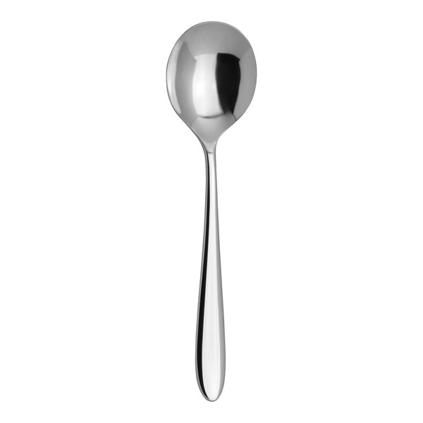 A close-up of a silver Varick Fairway bouillon spoon with a white background.