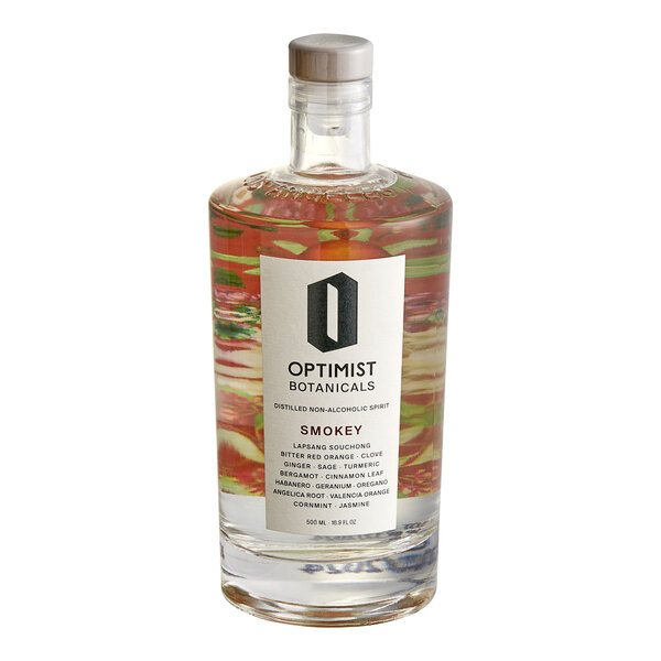 A bottle of Optimist Botanicals Smokey non-alcoholic spirit with a label on a white background.