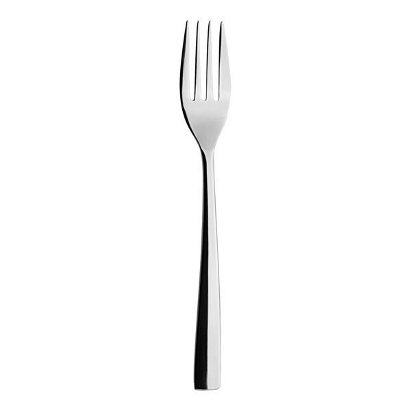A close up of a Varick Origin stainless steel dinner fork with a silver handle.