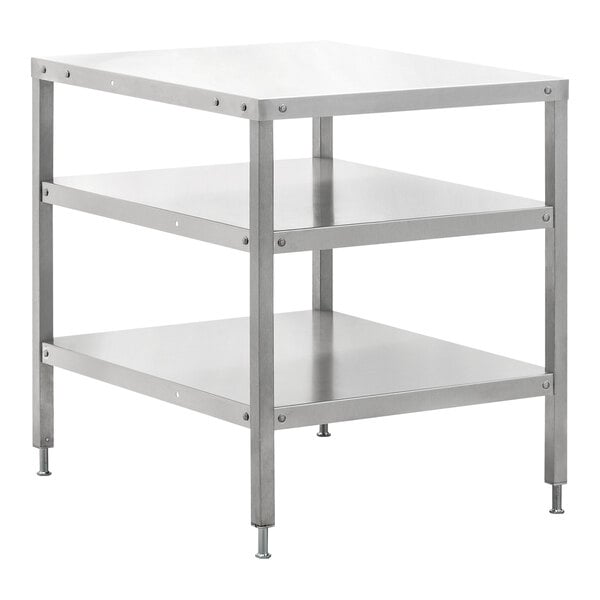 A metal work table with two shelves for Hobart food cutters.