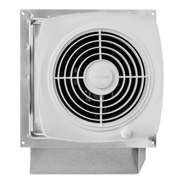 A white Broan through-wall ventilation fan with a round vent.