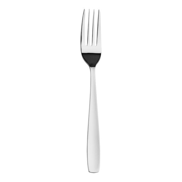 A silver Varick Olivia stainless steel salad/dessert fork with a black handle.