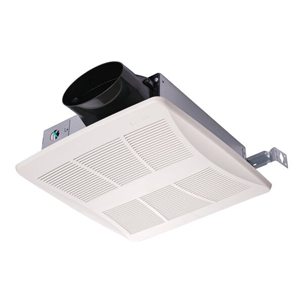 A white Broan Lo-Profile bathroom exhaust fan installed in a white ceiling.