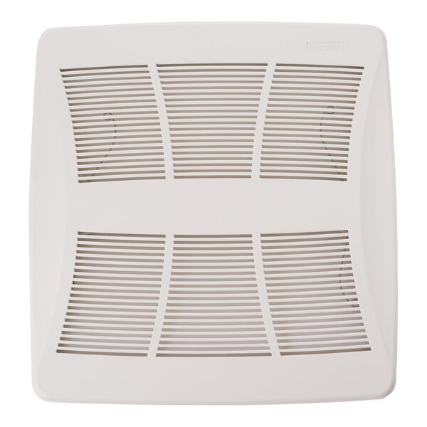 A white square Broan Lo-Profile bathroom exhaust fan with three vents.