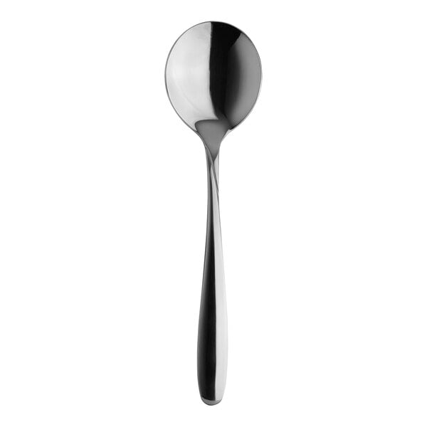 A close-up of a silver Varick Moon stainless steel bouillon spoon handle.