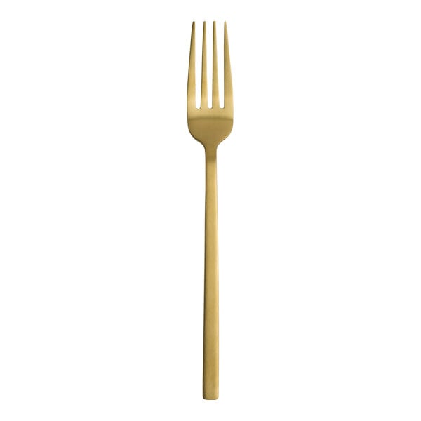 A gold Varick Lissome dinner fork with a white background.