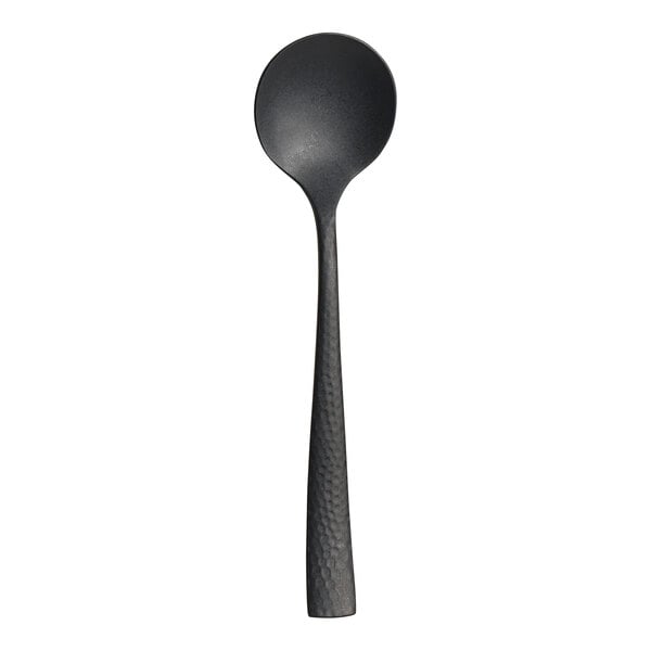 A black stainless steel bouillon spoon with a textured handle.