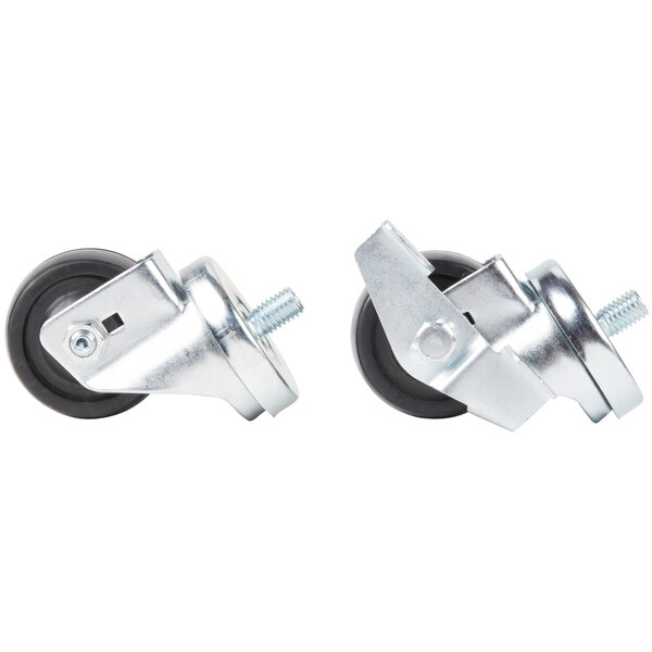 A pair of metal casters with black rubber wheels.
