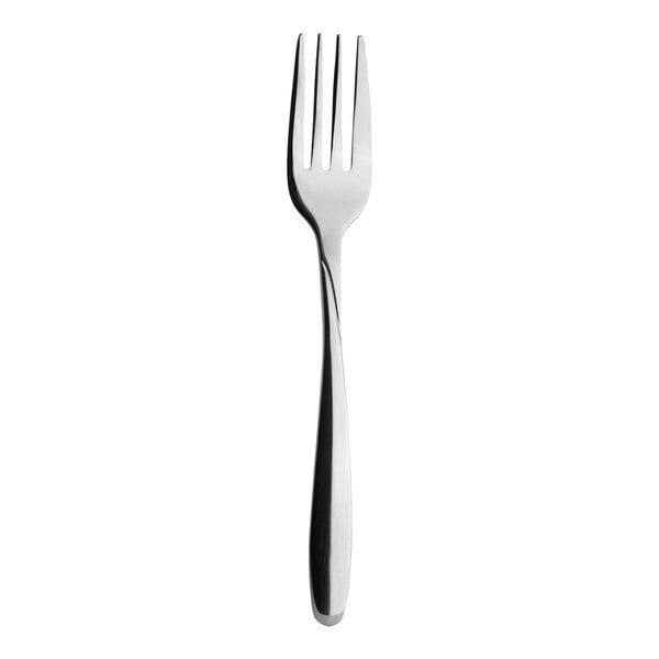 A close-up of a Varick Moon stainless steel salad/dessert fork with a silver handle.
