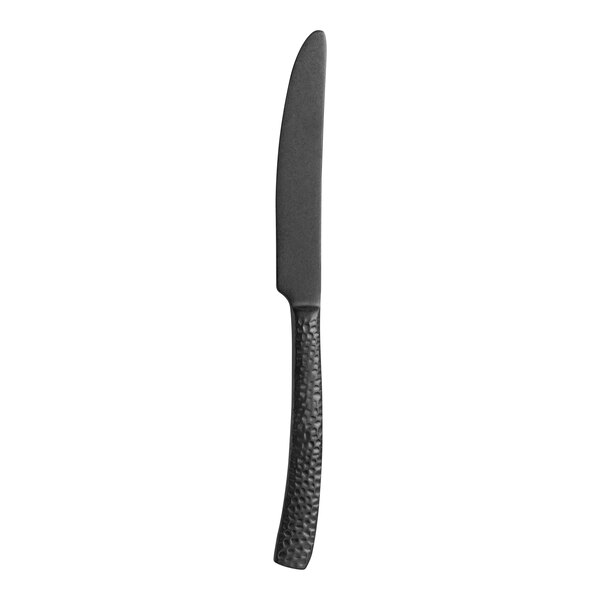 A close-up of a Varick Malcolm Vintage Black stainless steel butter knife with a black handle.