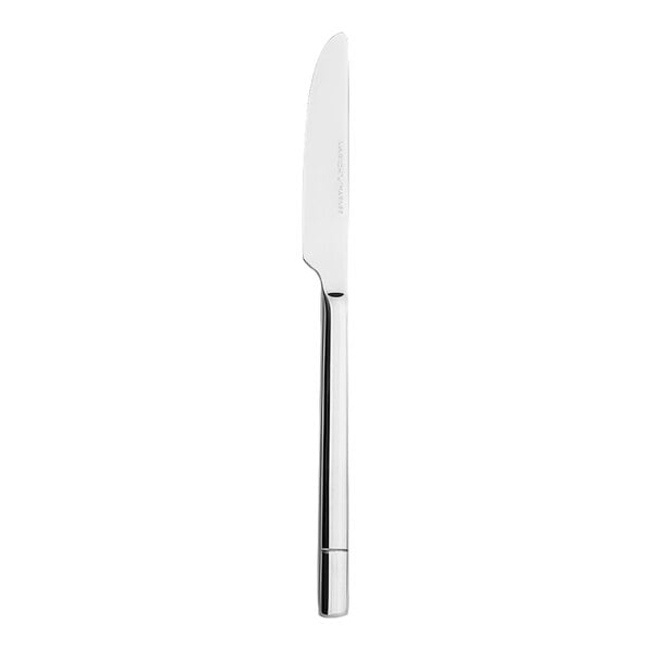 A Varick Marnee stainless steel dinner knife with a silver handle.