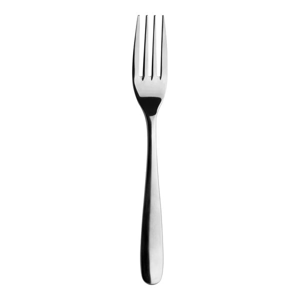 A close-up of a Varick Avery stainless steel salad/dessert fork with a black handle.