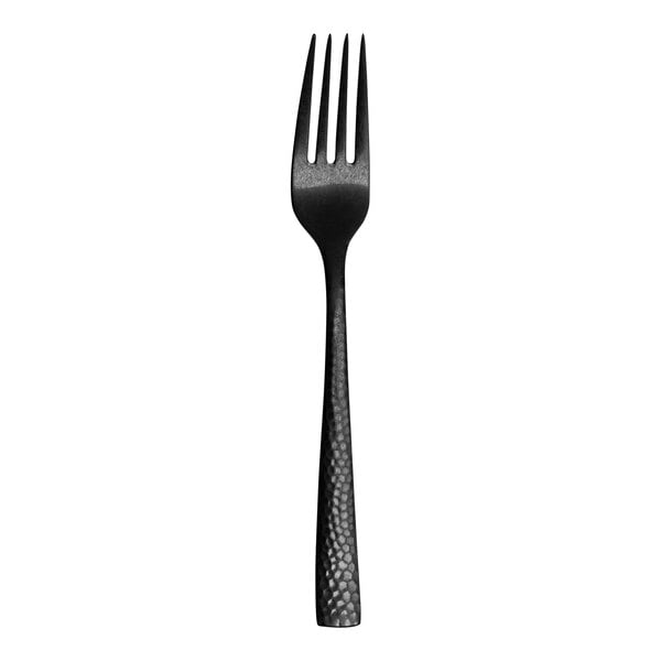 A close up of a Varick Malcolm Vintage Black salad/dessert fork with a textured black handle.