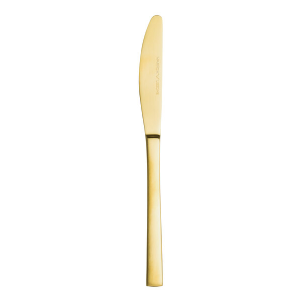 A Varick Lissome Gold stainless steel butter knife with a white background.