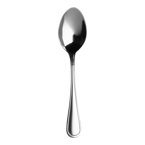 A close-up of a Varick Charleston stainless steel coffee spoon with a silver handle.