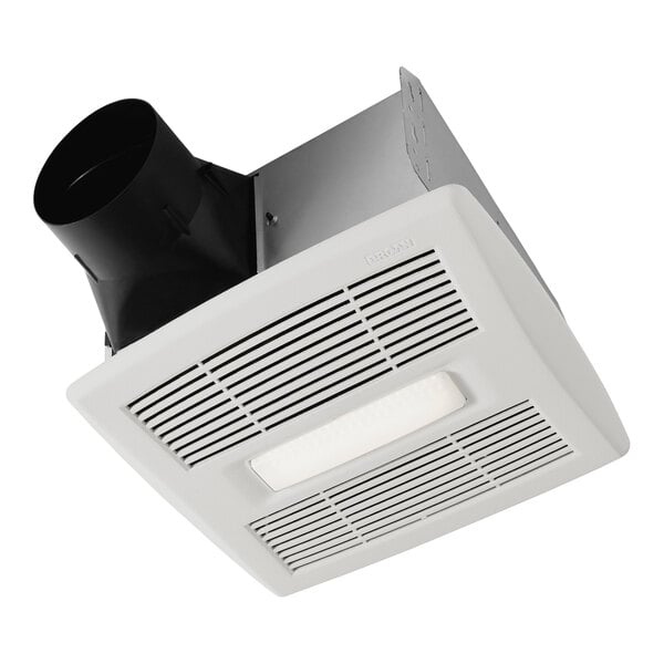 A white Broan bathroom exhaust fan with black accents and a square white LED light.