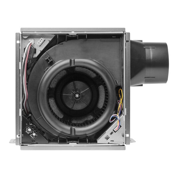 A black box with wires and a round black tube, the Broan Flex DC Series bathroom exhaust fan.