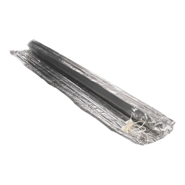 A clear plastic wrapped long silver tube with a white string.