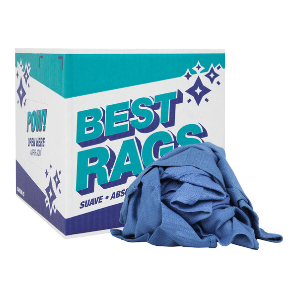 A blue and white box of Monarch Brands blue recycled cotton "OR" wipers.
