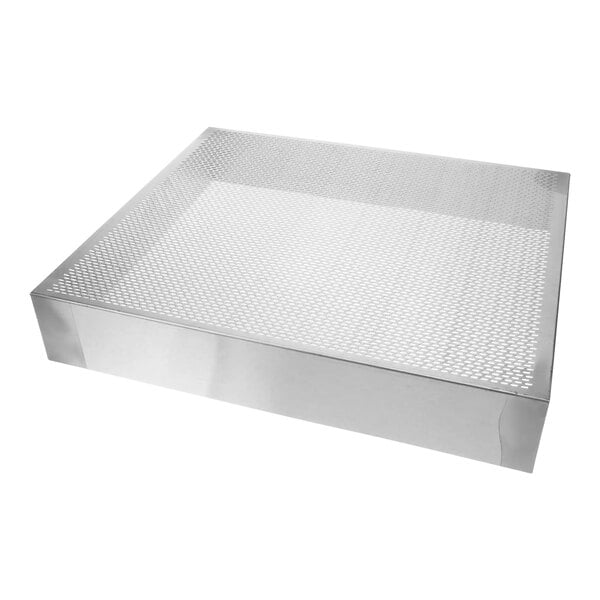 A stainless steel metal grid with a mesh pattern.