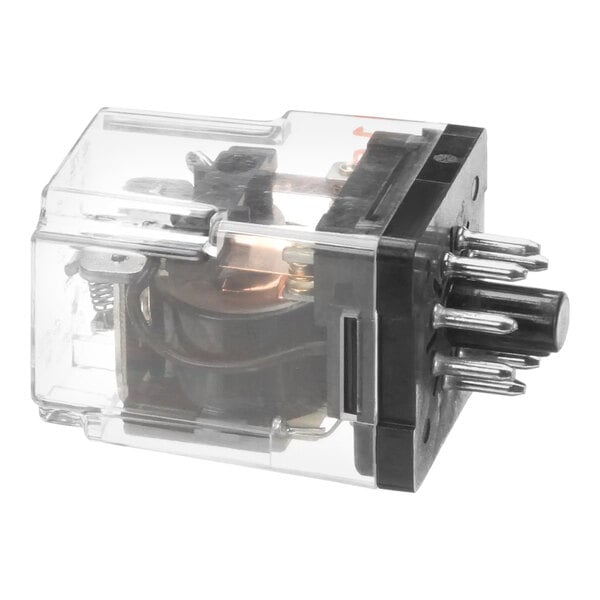 A clear plastic box containing a black and silver Giles 8 pin relay.