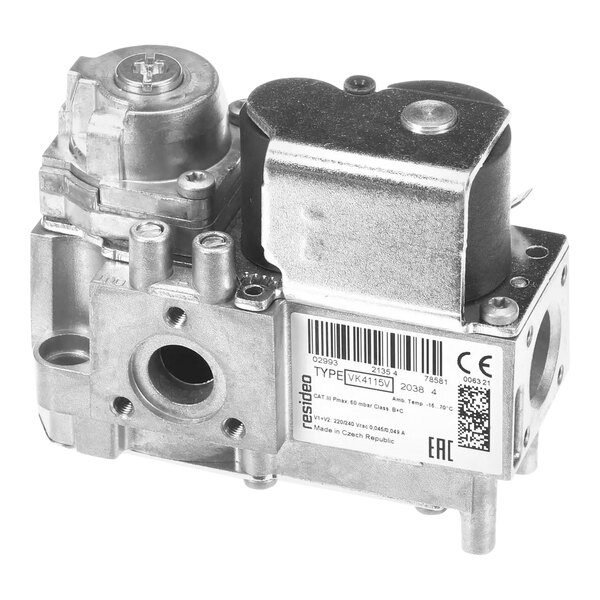 A close-up of a metal Alto-Shaam gas valve with a white label.