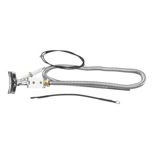 A flexible metal hose with a silver clip and wire attached.