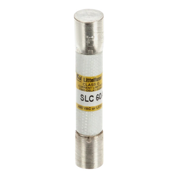 A close-up of a white and silver Alto-Shaam fuse with a yellow label.