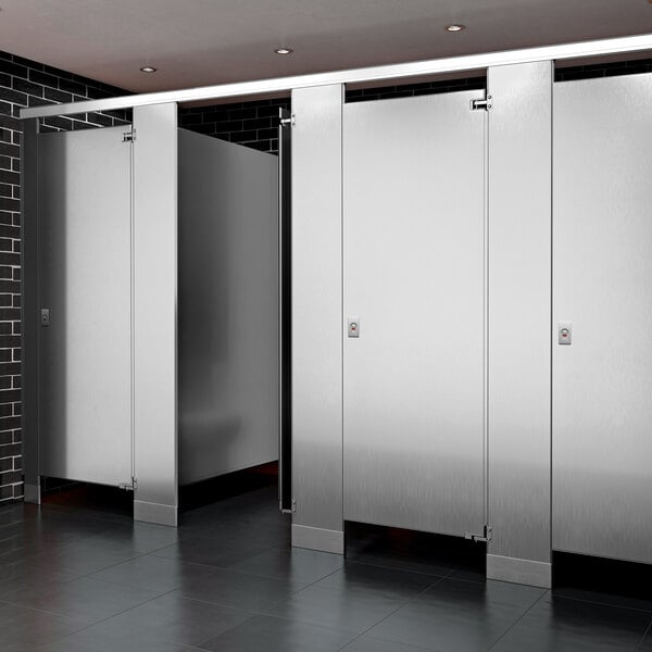 A row of stainless steel ASI bathroom stall doors.