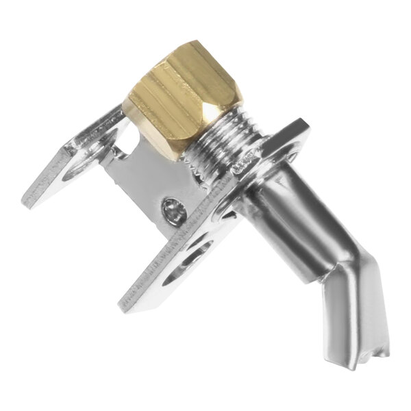 A close-up of a stainless steel screw and brass nut.