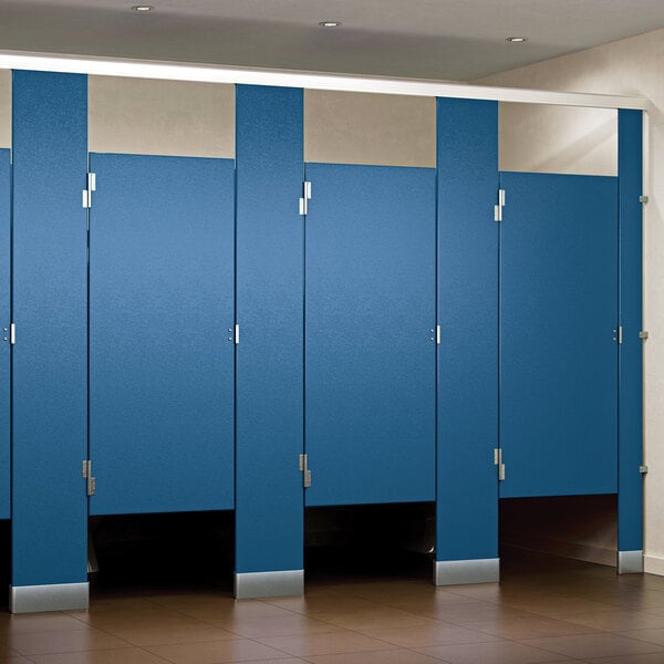 A row of blue ASI Accurate Partitions bathroom stall doors with black hardware.