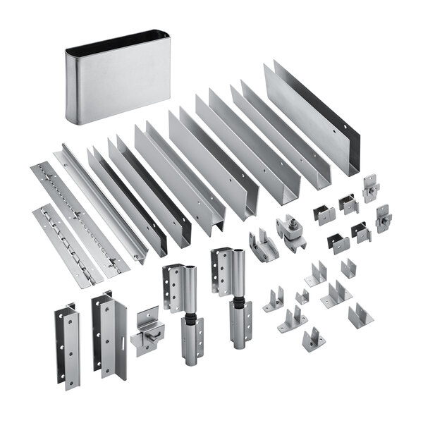 A group of metal parts for ASI Accurate Partitions Solid Plastic HDPE Stall Partitions.