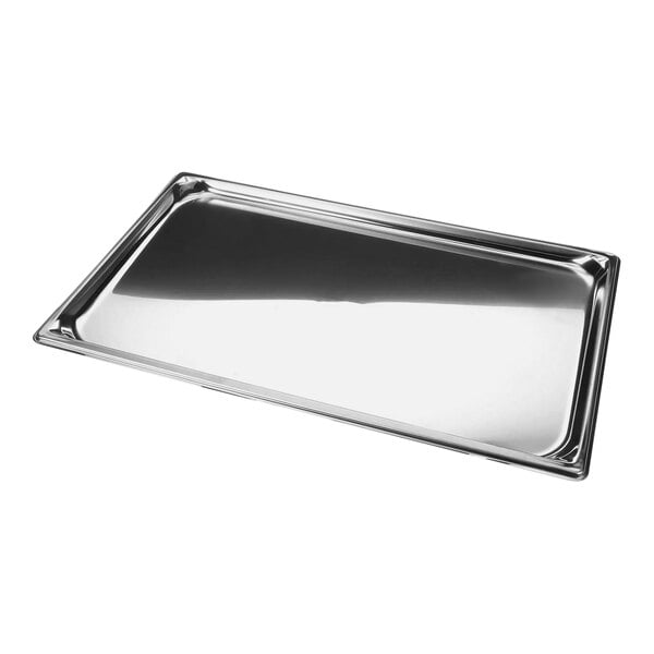 An Alto-Shaam stainless steel rectangular pan on a white background.