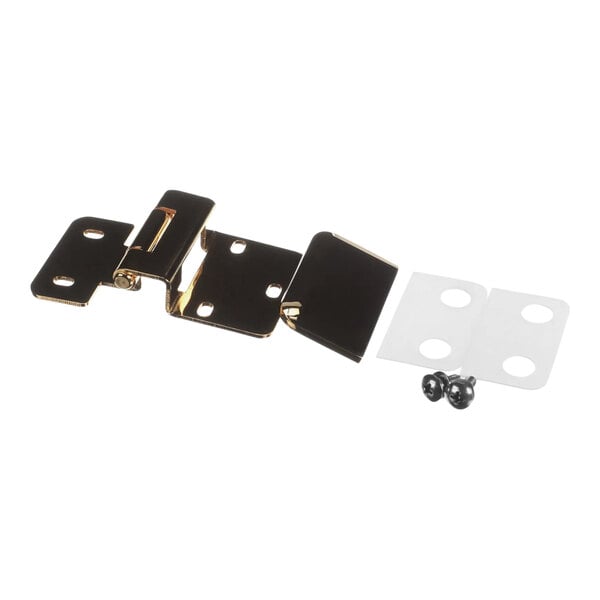 A black and gold metal hinge with screw holes.