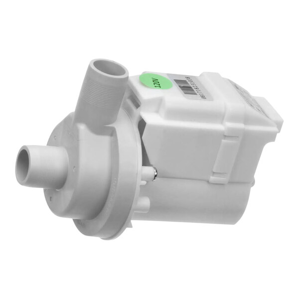 A white plastic water pump with a green label.