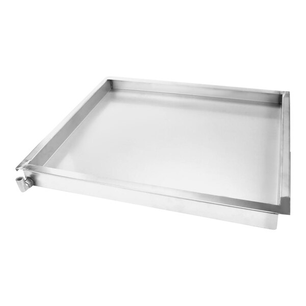 A stainless steel Alto-Shaam Drip Pan with a handle and drain.