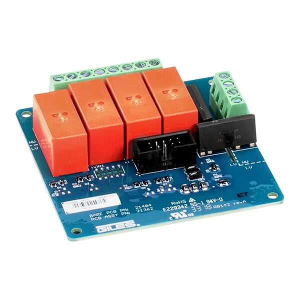 A white circuit board with a black rectangular Giles relay board and four orange and red modules.