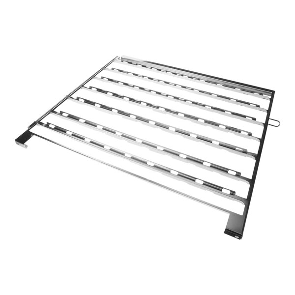 A metal Alto-Shaam service rack with holes in four rows.