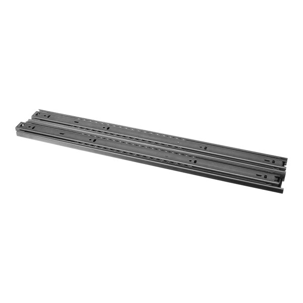 A stainless steel metal drawer slide for an Alto-Shaam drawer warmer.