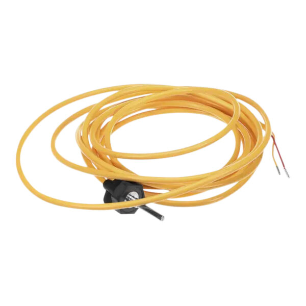 A close-up of a yellow cable with a black end.