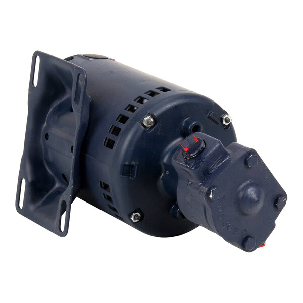 A blue Anets electric motor with a black cover and a red button.