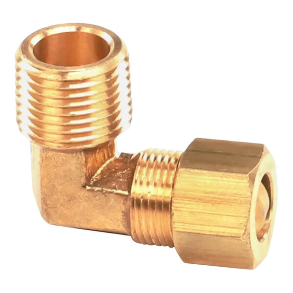 A gold colored brass elbow pipe fitting.