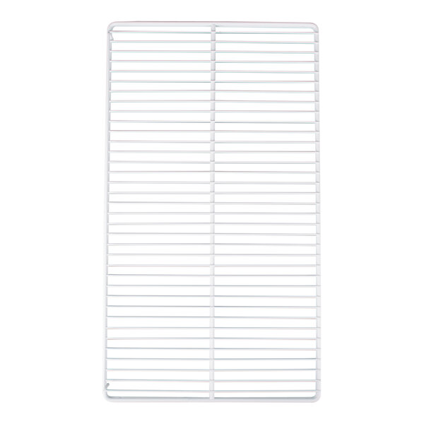 A white powder-coated metal shelf with a rectangular grid.