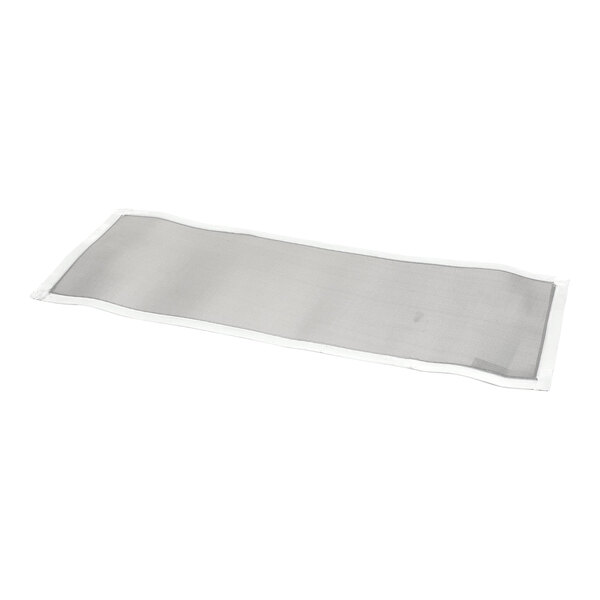 A silver metal filter screen with a white border.