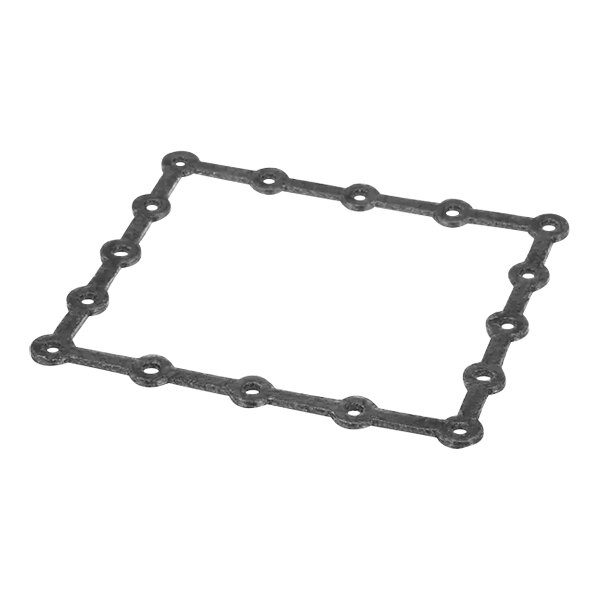 A black metal gasket with a square shape and holes.