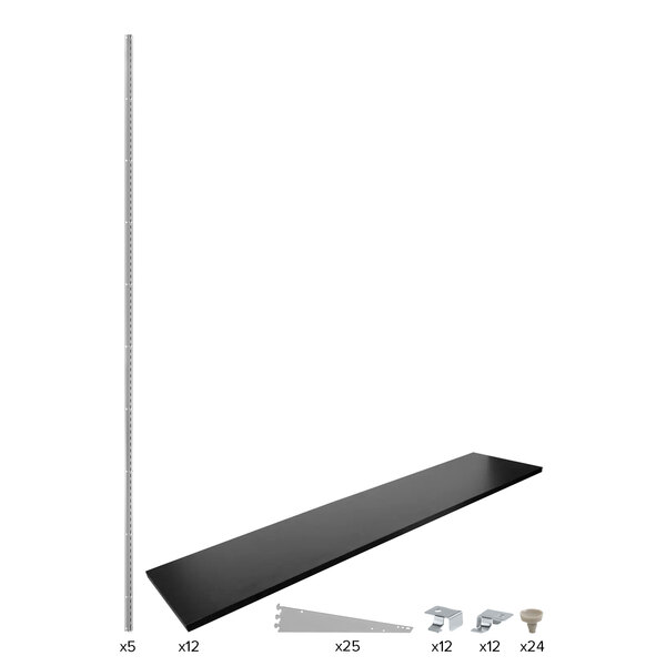 A black rectangular metal shelf kit with black melamine shelves.
