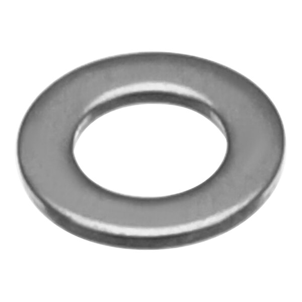 A close up of a flat stainless steel washer with a circle in the middle.