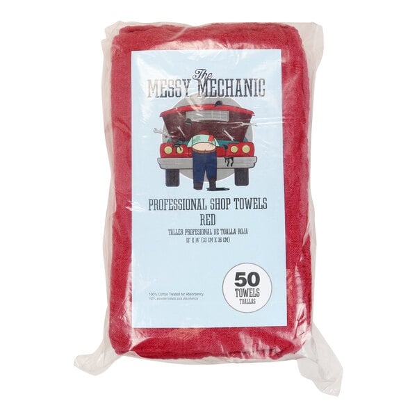 A red Monarch Brands shop towel in a plastic bag.